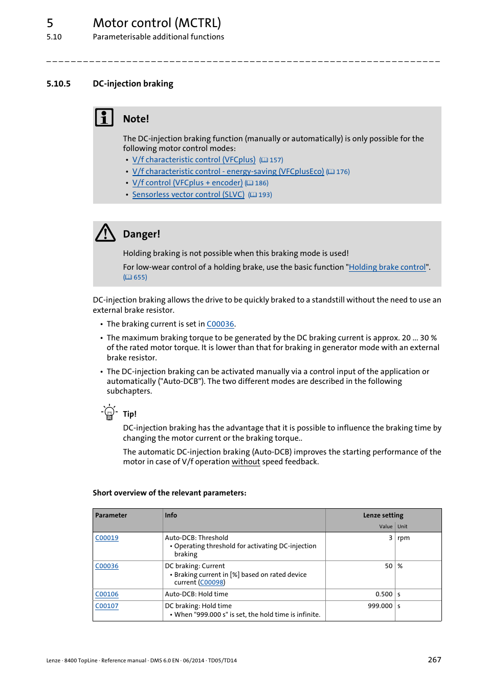 5 dc-injection braking, Dc-injection braking, 5motor control (mctrl) | Danger | Lenze 8400 TopLine User Manual | Page 267 / 1760