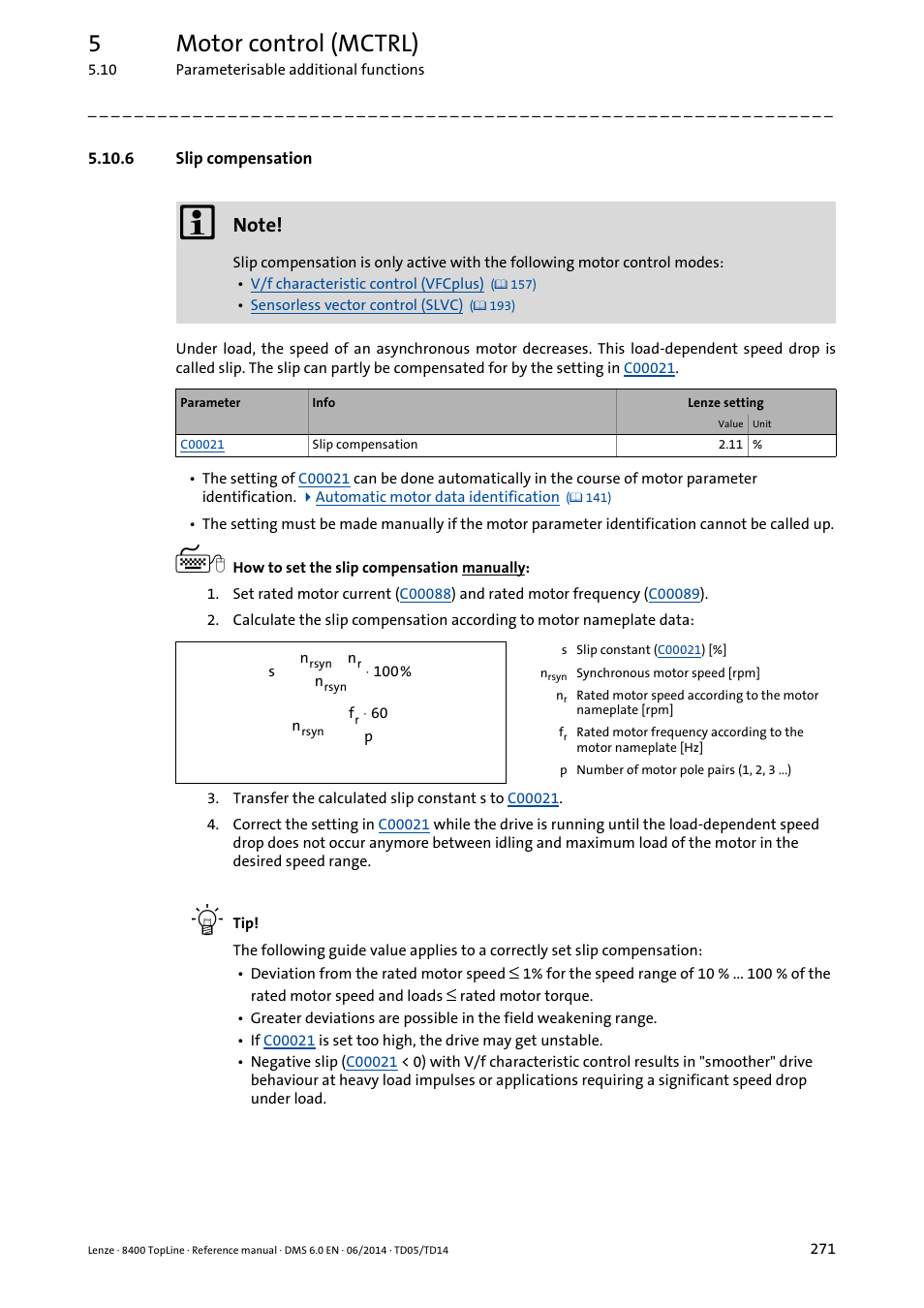 6 slip compensation, Slip compensation, Slip compensation ( 271) | 5motor control (mctrl) | Lenze 8400 TopLine User Manual | Page 271 / 1760