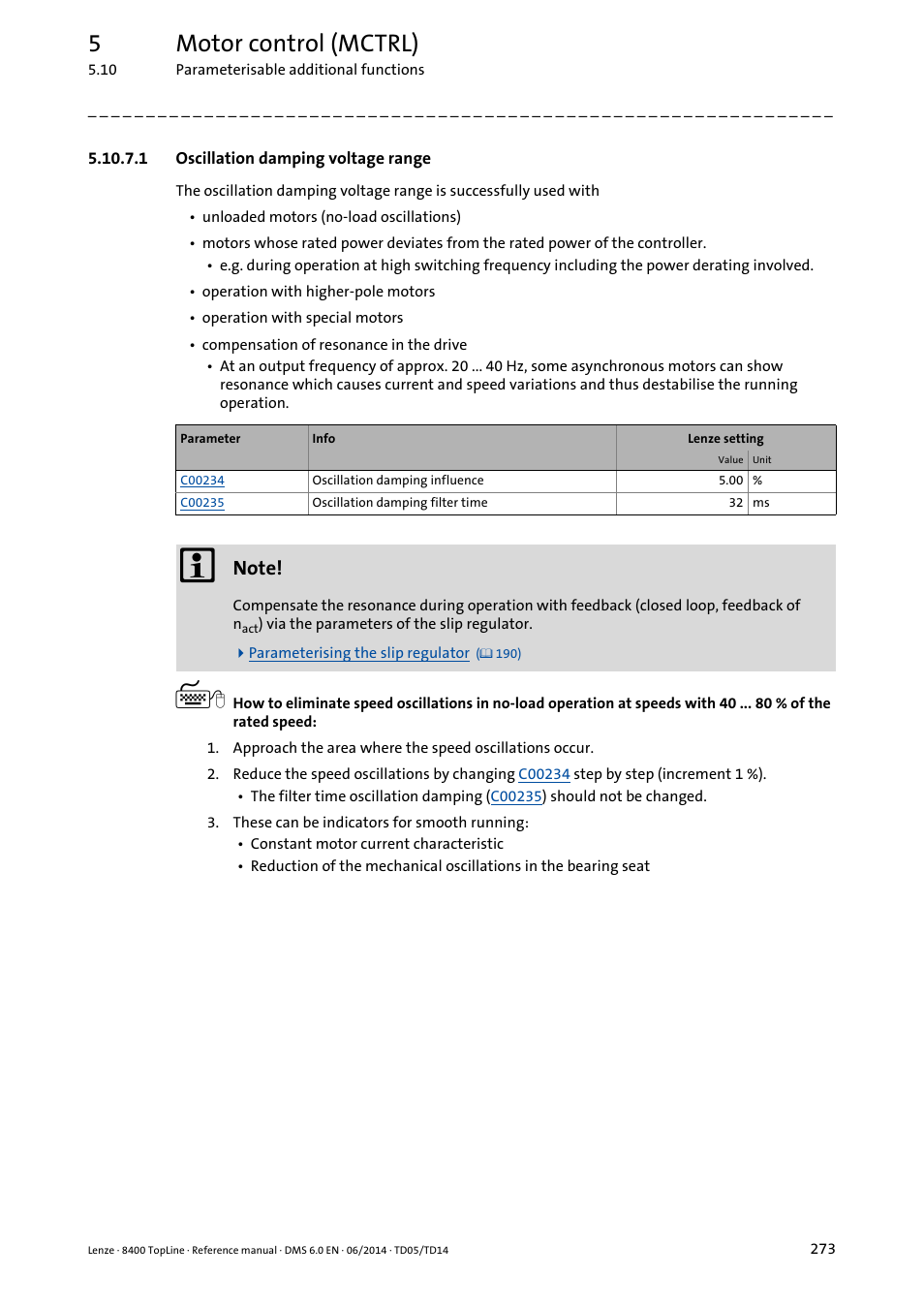 1 oscillation damping voltage range, Oscillation damping voltage range, 5motor control (mctrl) | Lenze 8400 TopLine User Manual | Page 273 / 1760