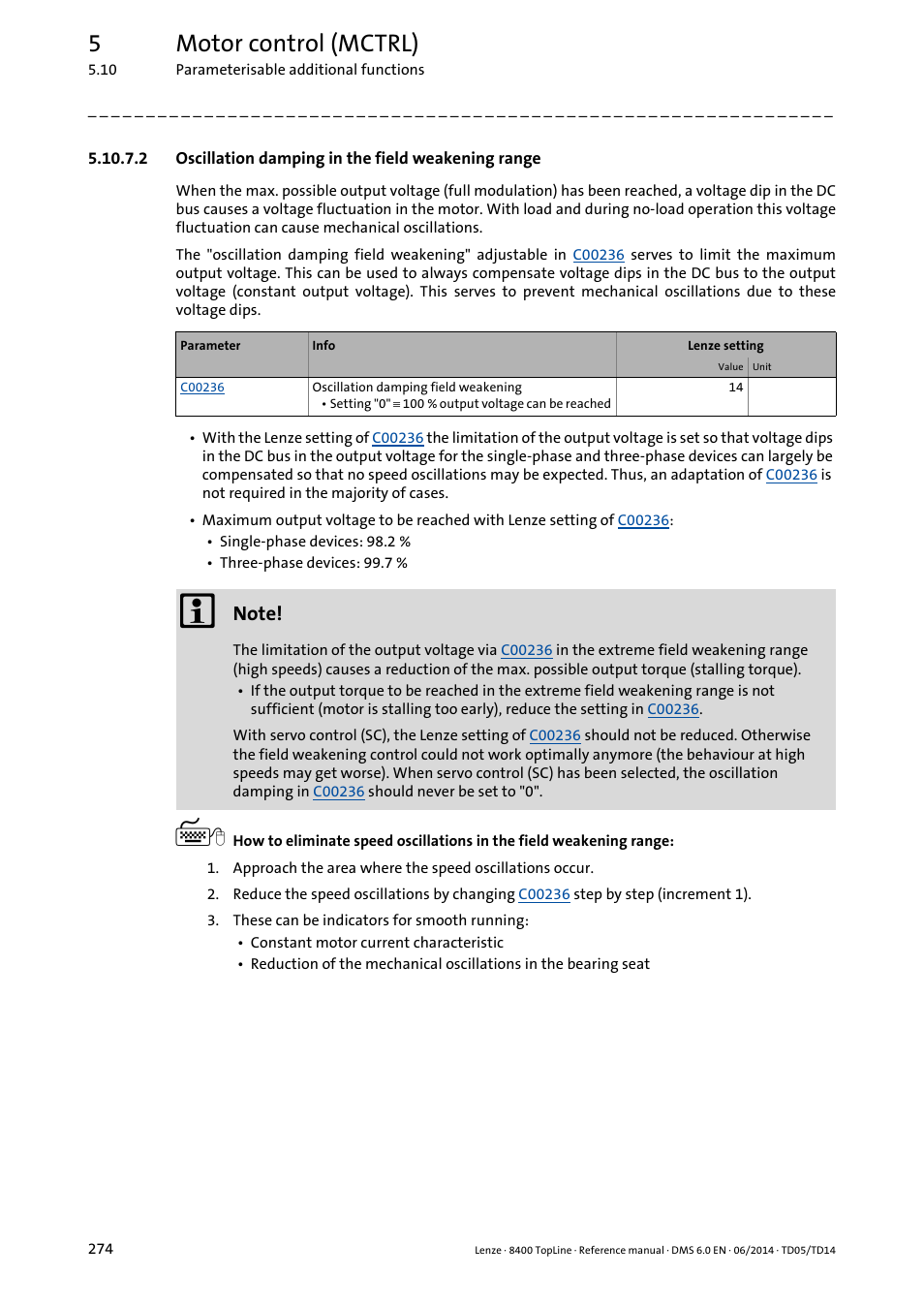 2 oscillation damping in the field weakening range, Oscillation damping in the field weakening range, 5motor control (mctrl) | Lenze 8400 TopLine User Manual | Page 274 / 1760