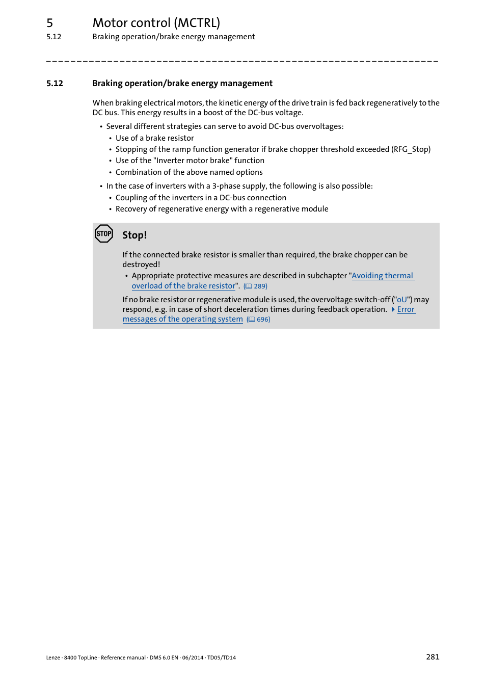 12 braking operation/brake energy management, Braking operation/brake energy management, 5motor control (mctrl) | Lenze 8400 TopLine User Manual | Page 281 / 1760