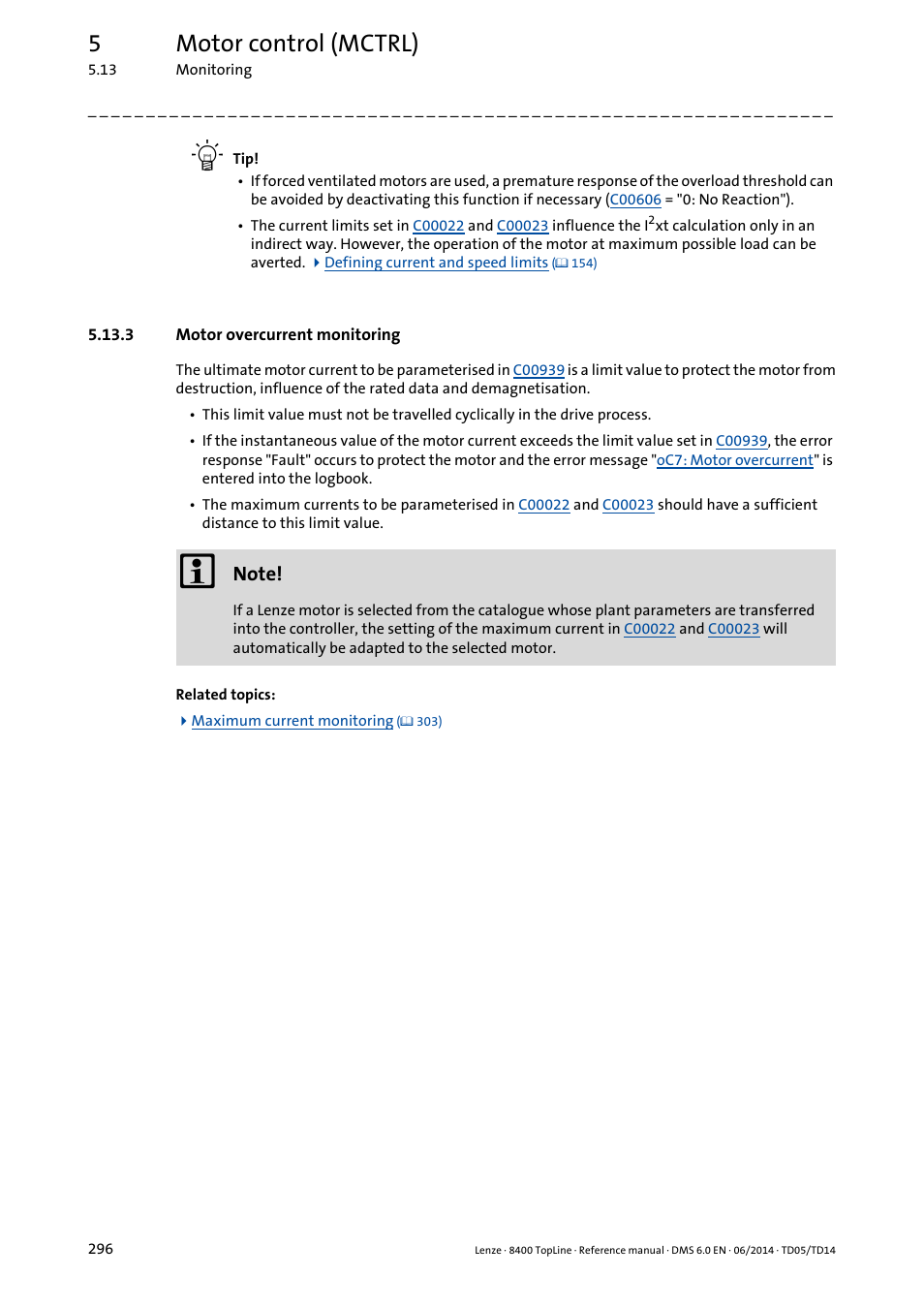 3 motor overcurrent monitoring, Motor overcurrent monitoring, 5motor control (mctrl) | Lenze 8400 TopLine User Manual | Page 296 / 1760