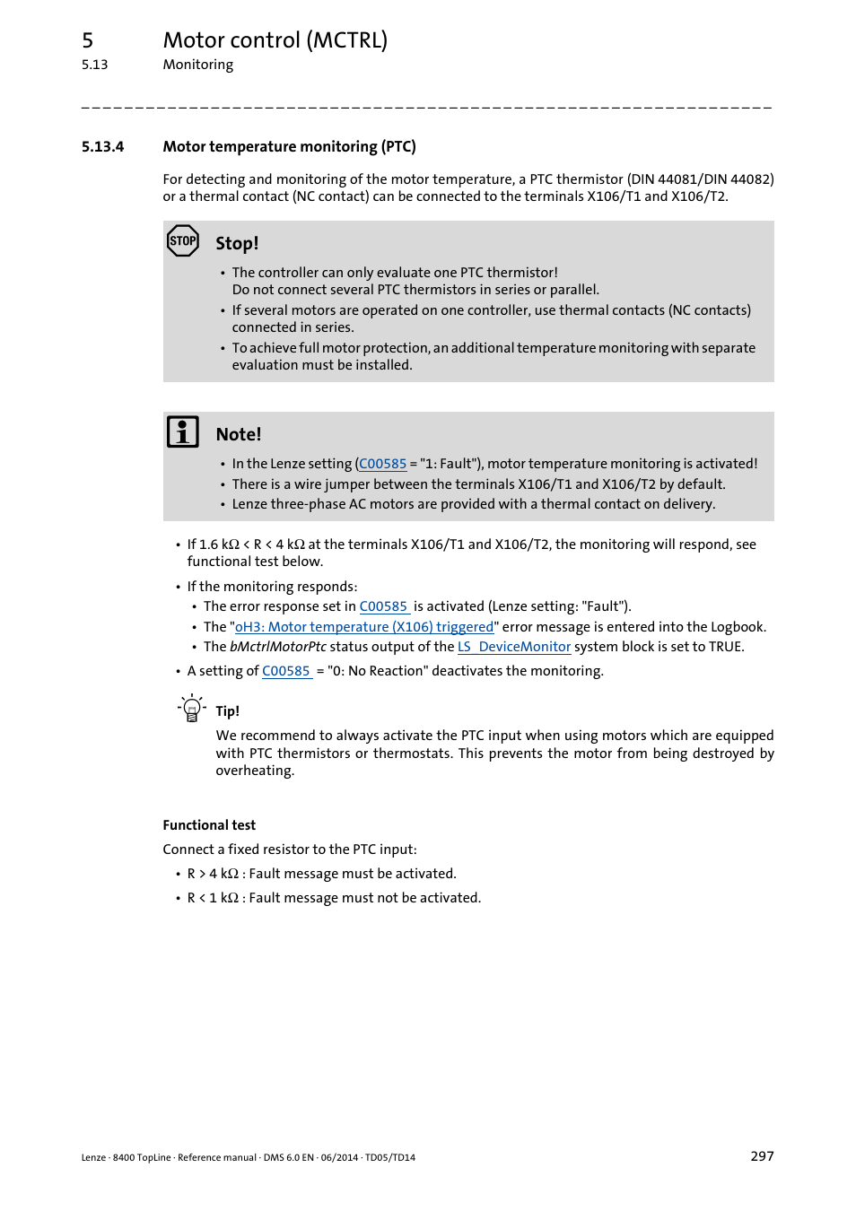 4 motor temperature monitoring (ptc), Motor temperature monitoring (ptc), 5motor control (mctrl) | Lenze 8400 TopLine User Manual | Page 297 / 1760