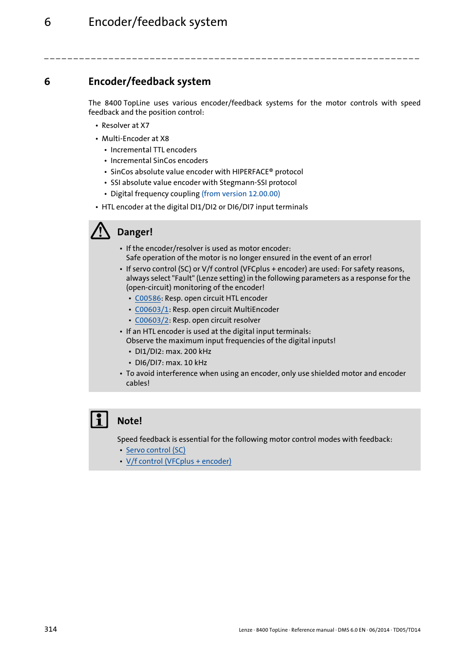 6 encoder/feedback system, Encoder/feedback system, E main chapter | Ailable, Encoder/feedback system ( 314), 6encoder/feedback system | Lenze 8400 TopLine User Manual | Page 314 / 1760