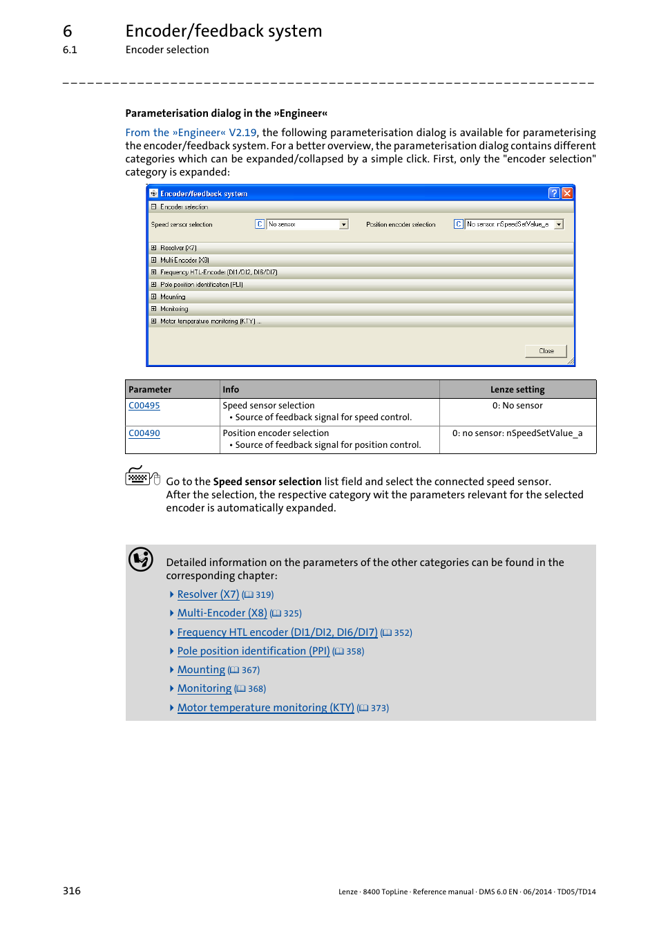 6encoder/feedback system | Lenze 8400 TopLine User Manual | Page 316 / 1760