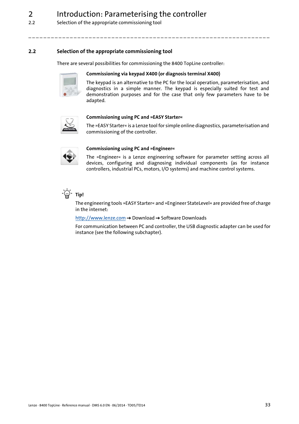 2 selection of the appropriate commissioning tool, Selection of the appropriate commissioning tool, 2introduction: parameterising the controller | Lenze 8400 TopLine User Manual | Page 33 / 1760