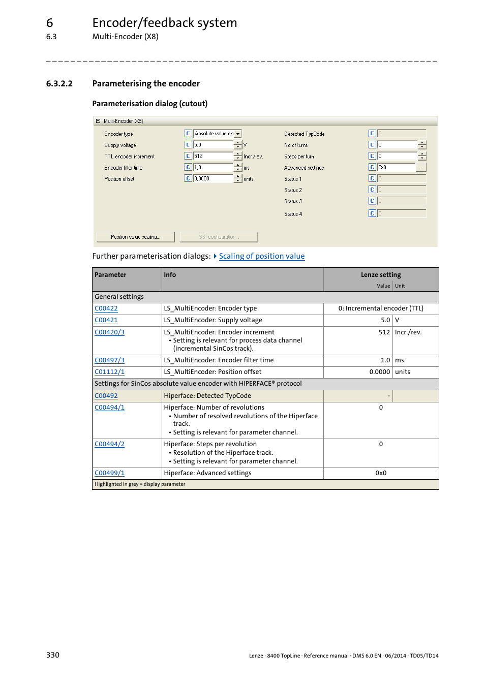 2 parameterising the encoder, Parameterising the encoder, 6encoder/feedback system | Lenze 8400 TopLine User Manual | Page 330 / 1760