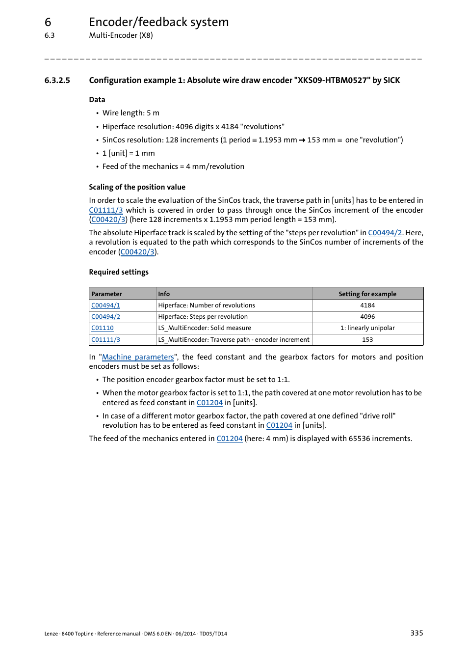 Configuration example 1, 6encoder/feedback system | Lenze 8400 TopLine User Manual | Page 335 / 1760