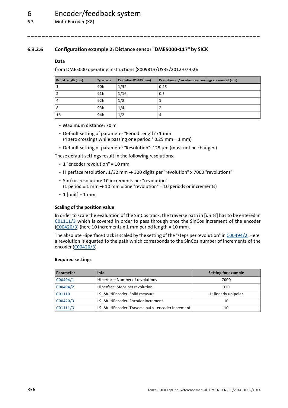 Configuration example 2, Distance sensor "dme5000-117" by sick, 6encoder/feedback system | Lenze 8400 TopLine User Manual | Page 336 / 1760