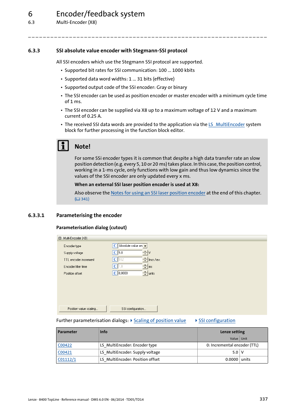 1 parameterising the encoder, Parameterising the encoder, 6encoder/feedback system | Lenze 8400 TopLine User Manual | Page 337 / 1760