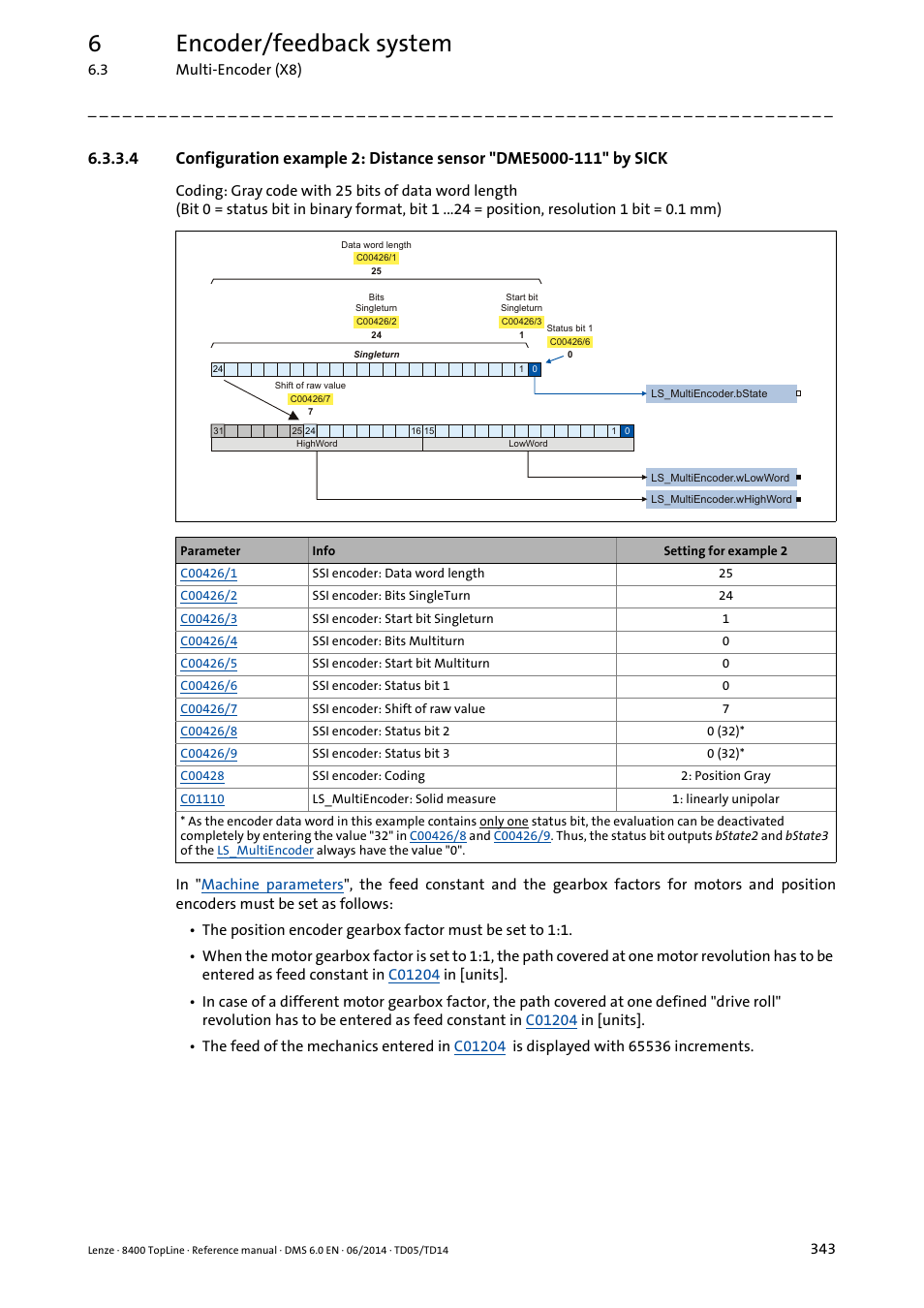 Configuration example 2, Distance sensor "dme5000-111" by sick, 6encoder/feedback system | Lenze 8400 TopLine User Manual | Page 343 / 1760
