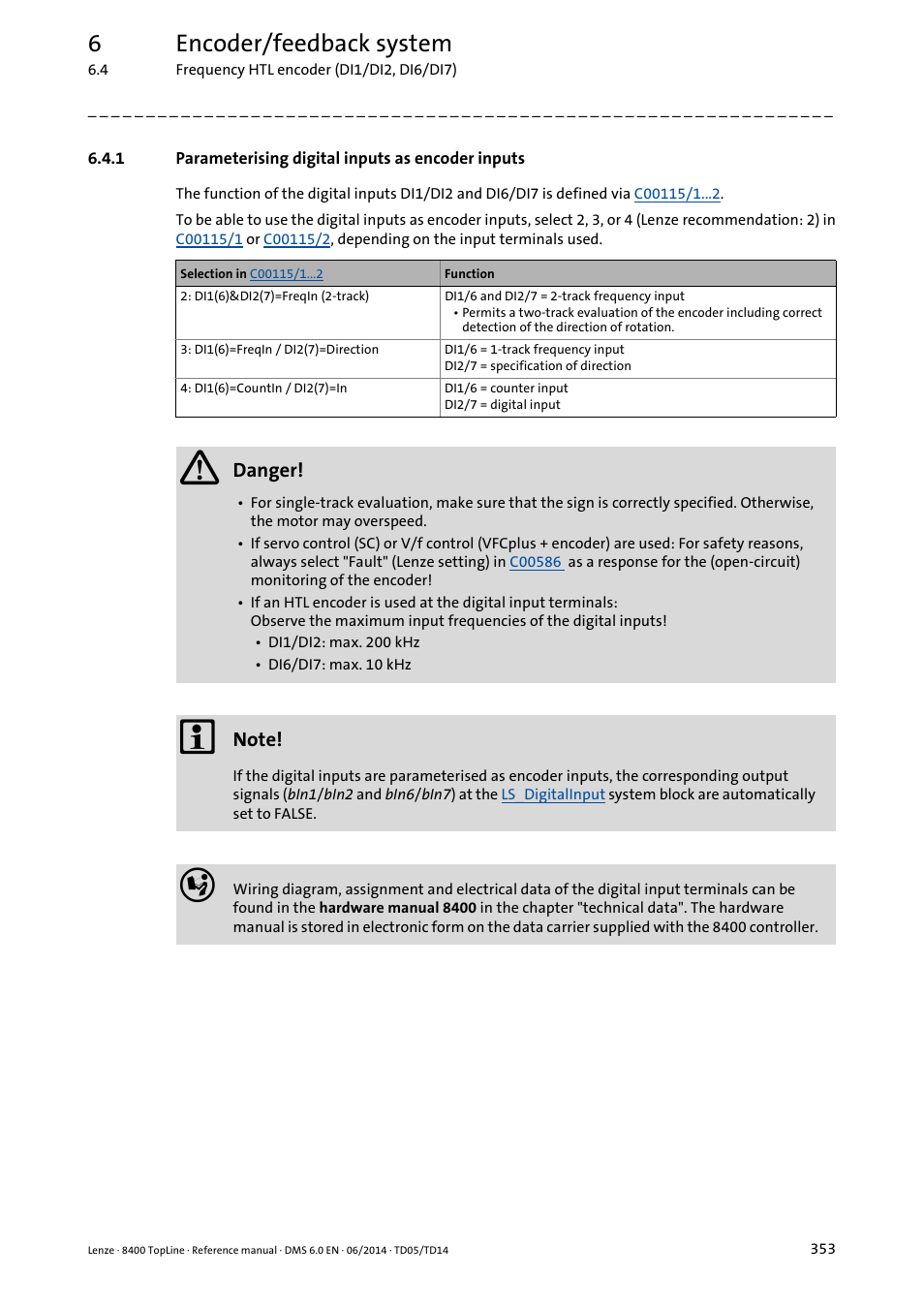 1 parameterising digital inputs as encoder inputs, Parameterising digital inputs as encoder inputs, 6encoder/feedback system | Lenze 8400 TopLine User Manual | Page 353 / 1760