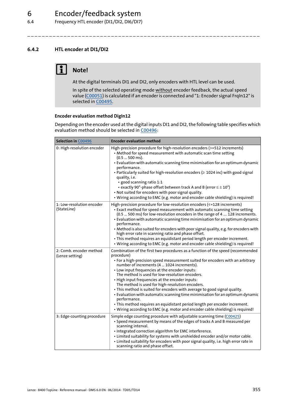 2 htl encoder at di1/di2, Htl encoder at di1/di2, 6encoder/feedback system | Lenze 8400 TopLine User Manual | Page 355 / 1760