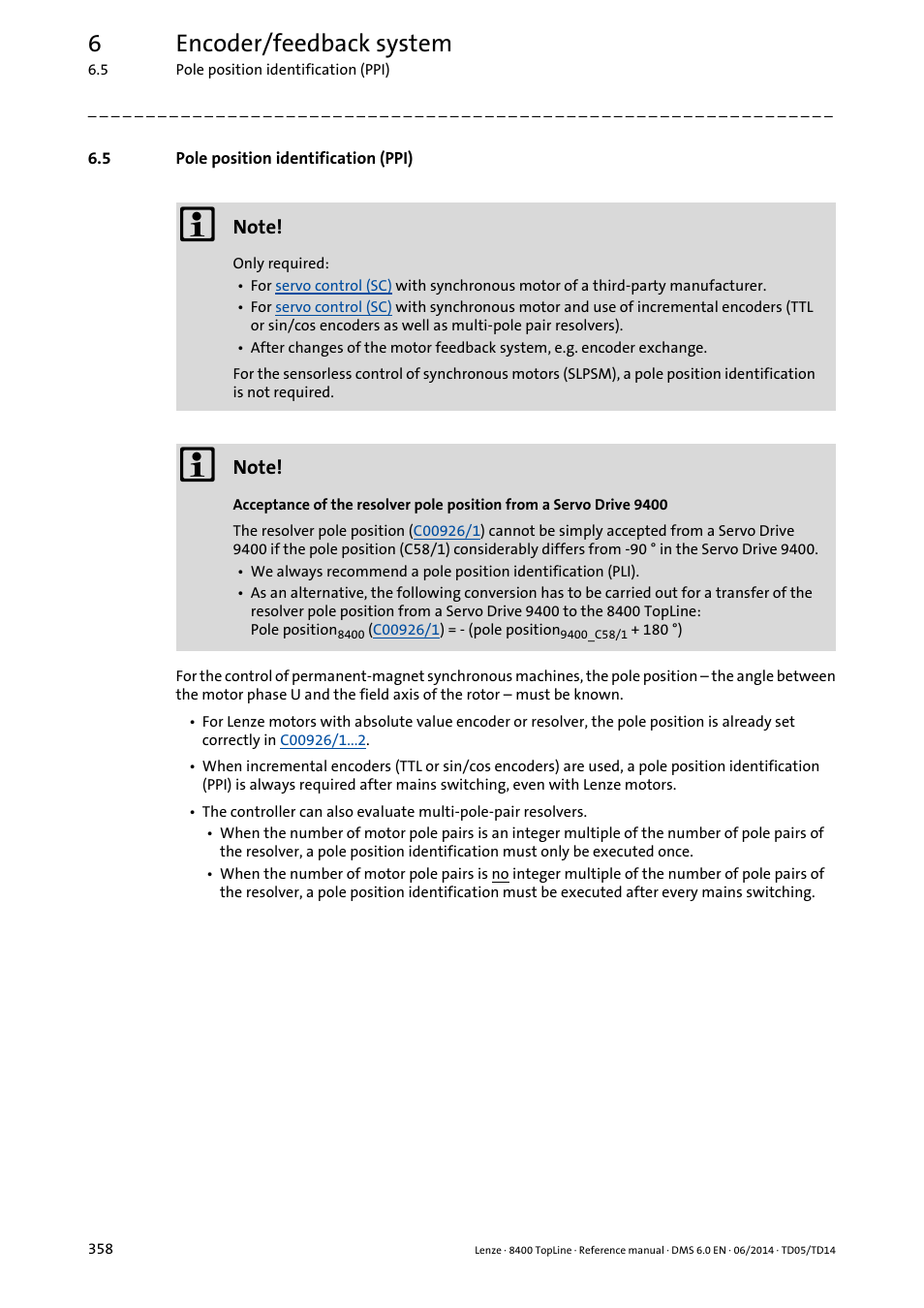 5 pole position identification (ppi), Pole position identification (ppi), Pole position identification | Pole position identification (ppi) ( 358), Pole position identification (pli), Carry out, 6encoder/feedback system | Lenze 8400 TopLine User Manual | Page 358 / 1760