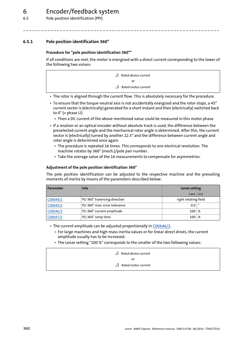 1 pole position identification 360, Pole position identification 360, 6encoder/feedback system | Lenze 8400 TopLine User Manual | Page 360 / 1760