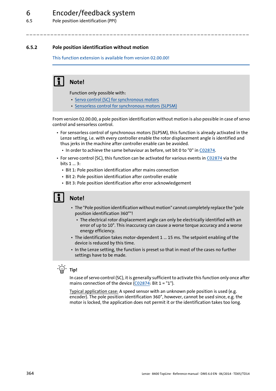 2 pole position identification without motion, Pole position identification without motion, Can be avoided | 6encoder/feedback system | Lenze 8400 TopLine User Manual | Page 364 / 1760