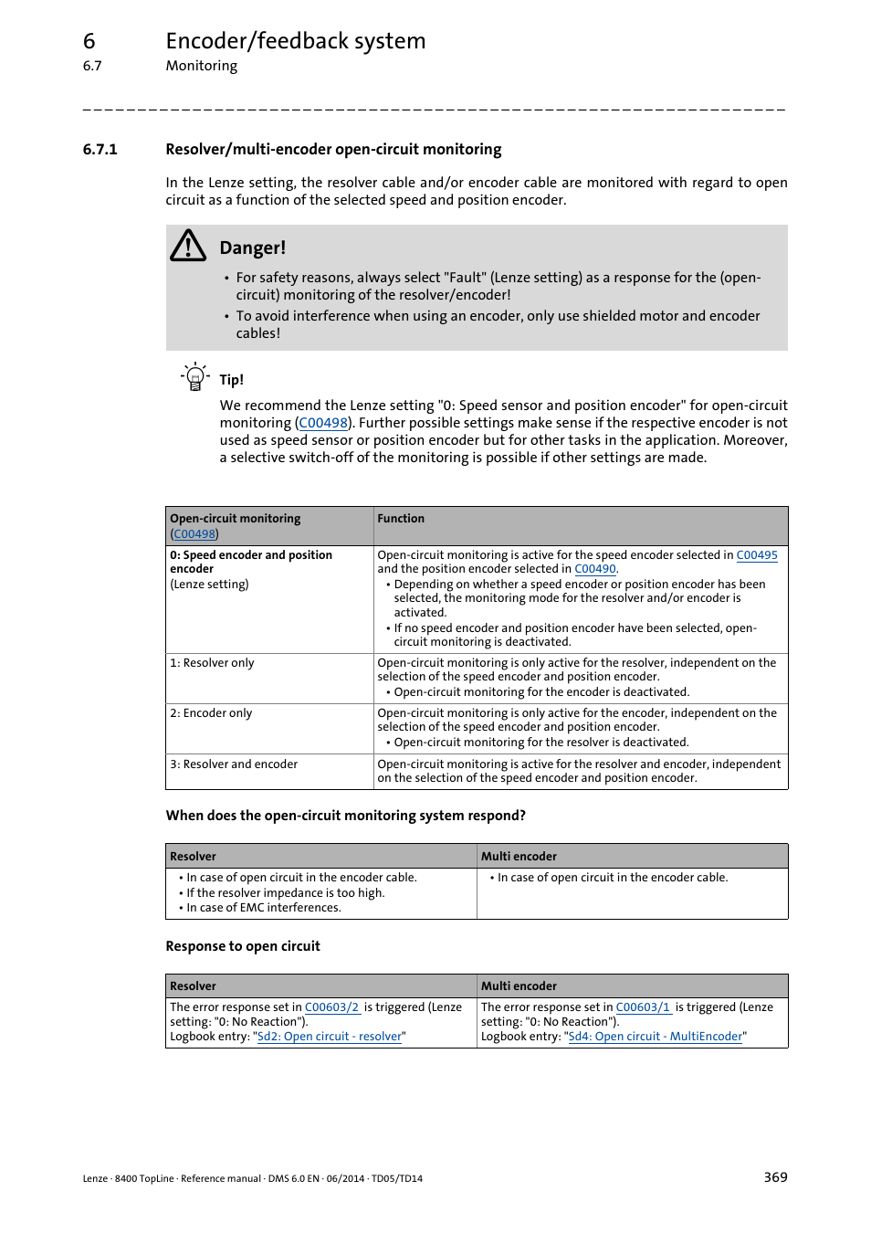 1 resolver/multi-encoder open-circuit monitoring, Resolver/multi-encoder open-circuit monitoring, 6encoder/feedback system | Danger | Lenze 8400 TopLine User Manual | Page 369 / 1760