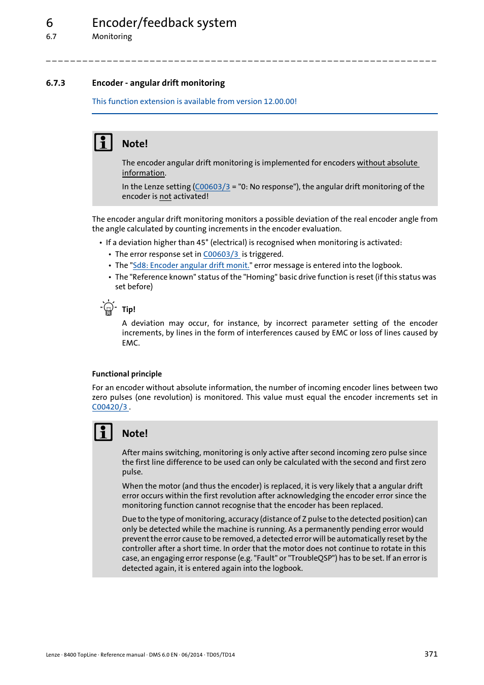 3 encoder - angular drift monitoring, Encoder - angular drift monitoring, 6encoder/feedback system | Lenze 8400 TopLine User Manual | Page 371 / 1760