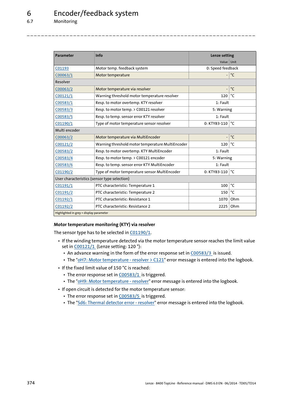 Parameterise, Motor temperature monitoring (kty) via resolver, 6encoder/feedback system | Lenze 8400 TopLine User Manual | Page 374 / 1760