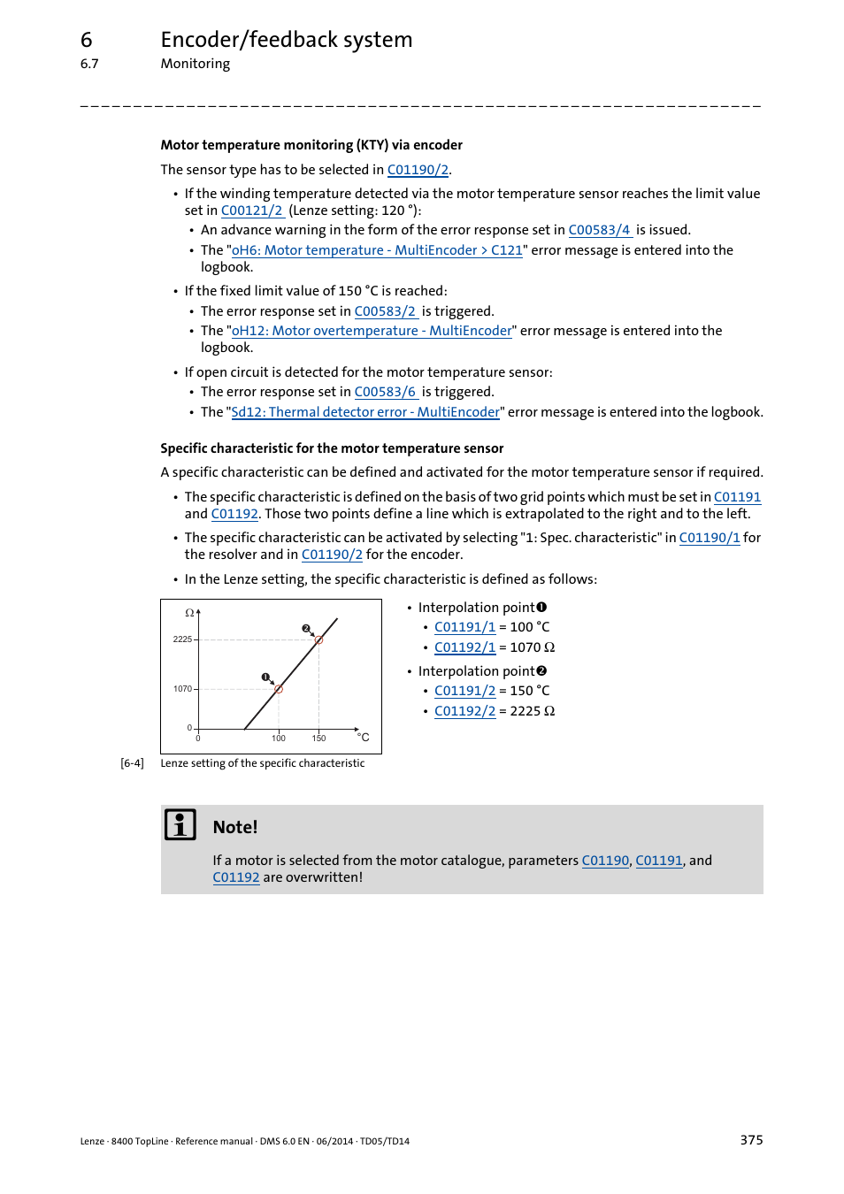 Parameterise, Motor temperature monitoring (kty) via encoder, 6encoder/feedback system | Lenze 8400 TopLine User Manual | Page 375 / 1760