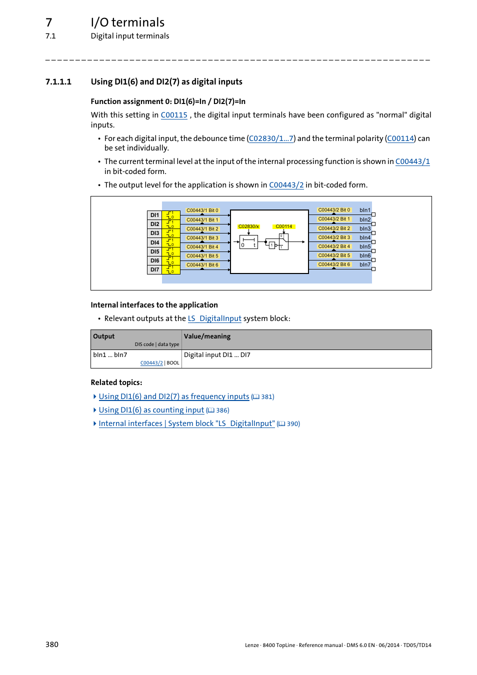 1 using di1(6) and di2(7) as digital inputs, Using di1(6) and di2(7) as digital inputs, 7i/o terminals | Lenze 8400 TopLine User Manual | Page 380 / 1760