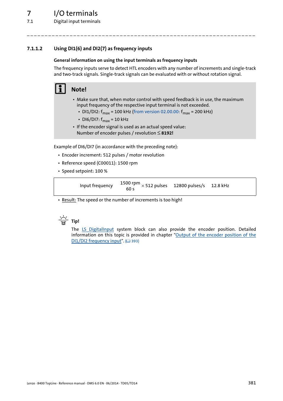 2 using di1(6) and di2(7) as frequency inputs, Using di1(6) and di2(7) as frequency inputs, 7i/o terminals | Lenze 8400 TopLine User Manual | Page 381 / 1760