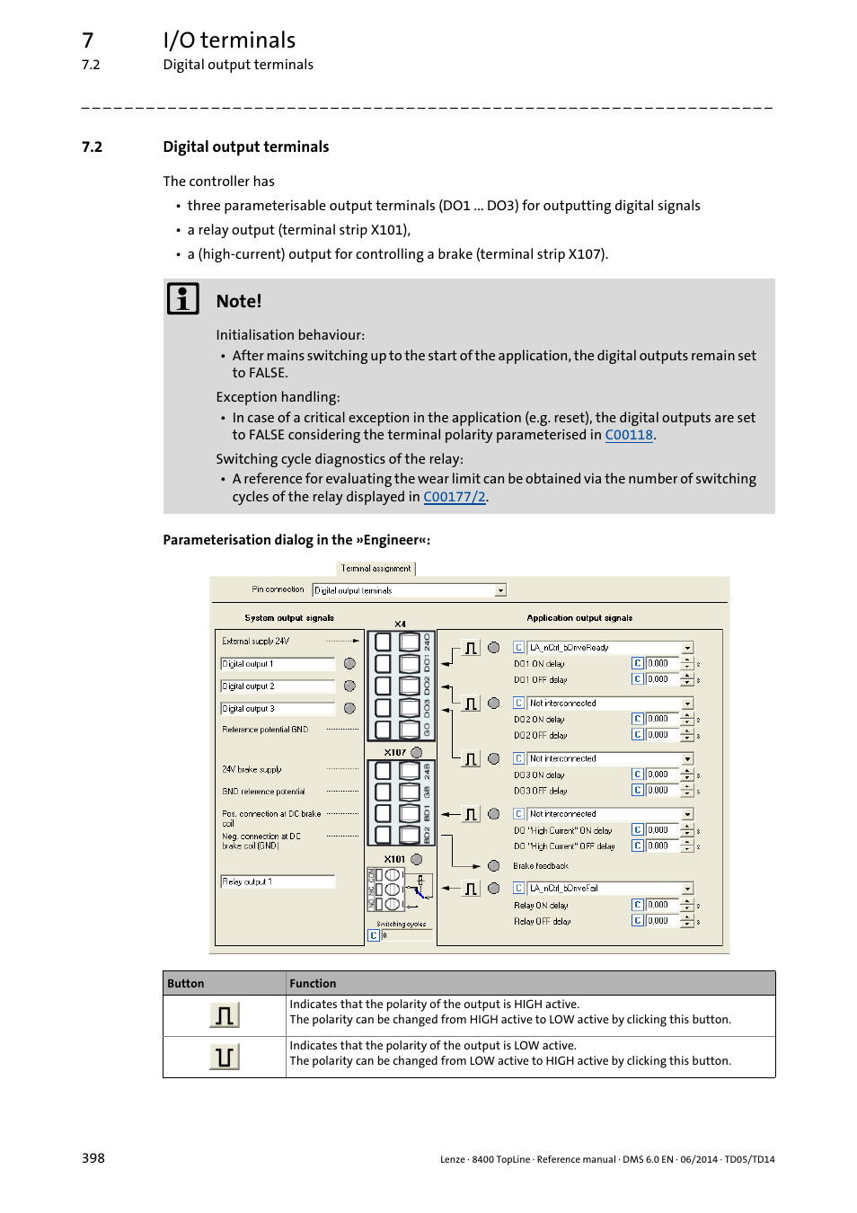 2 digital output terminals, Digital output terminals, 7i/o terminals | Lenze 8400 TopLine User Manual | Page 398 / 1760