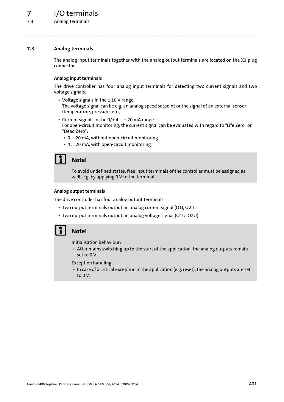 3 analog terminals, Analog terminals, 7i/o terminals | Lenze 8400 TopLine User Manual | Page 401 / 1760