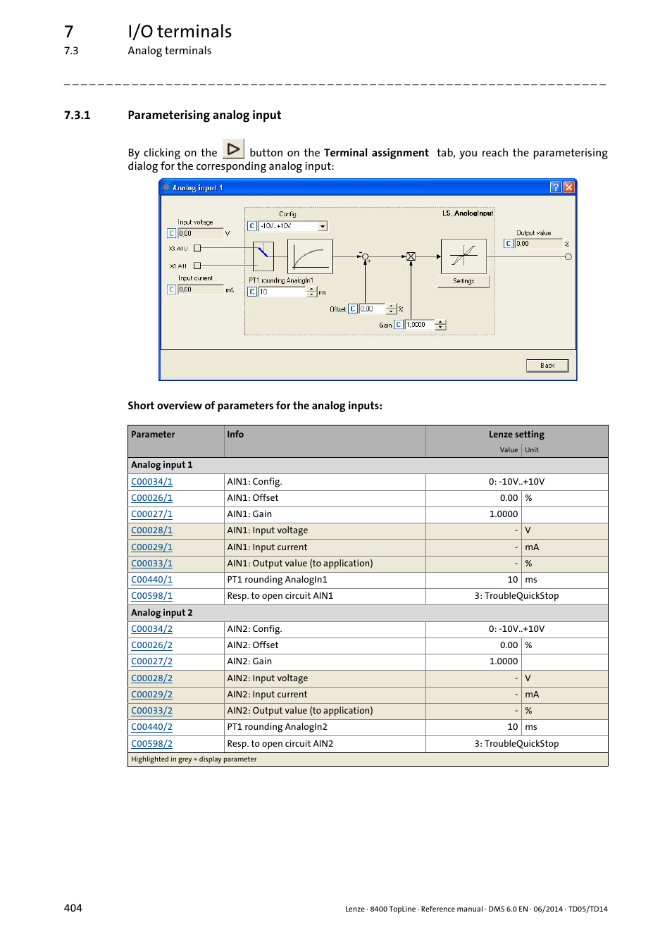 1 parameterising analog input, Parameterising analog input, Parameterising analog input ( 404) | 7i/o terminals | Lenze 8400 TopLine User Manual | Page 404 / 1760