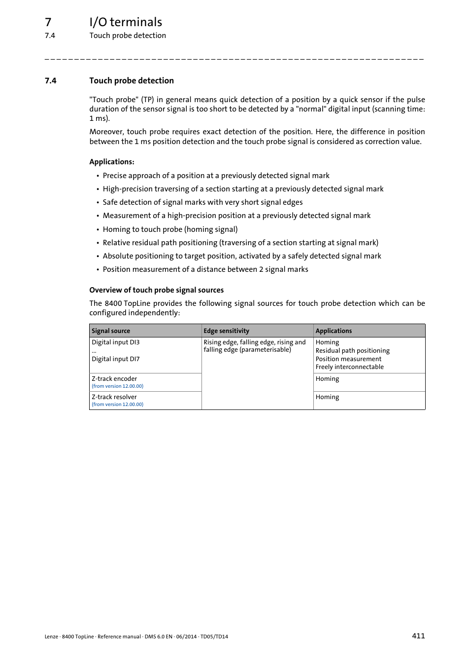 4 touch probe detection, Touch probe detection, 7i/o terminals | Lenze 8400 TopLine User Manual | Page 411 / 1760