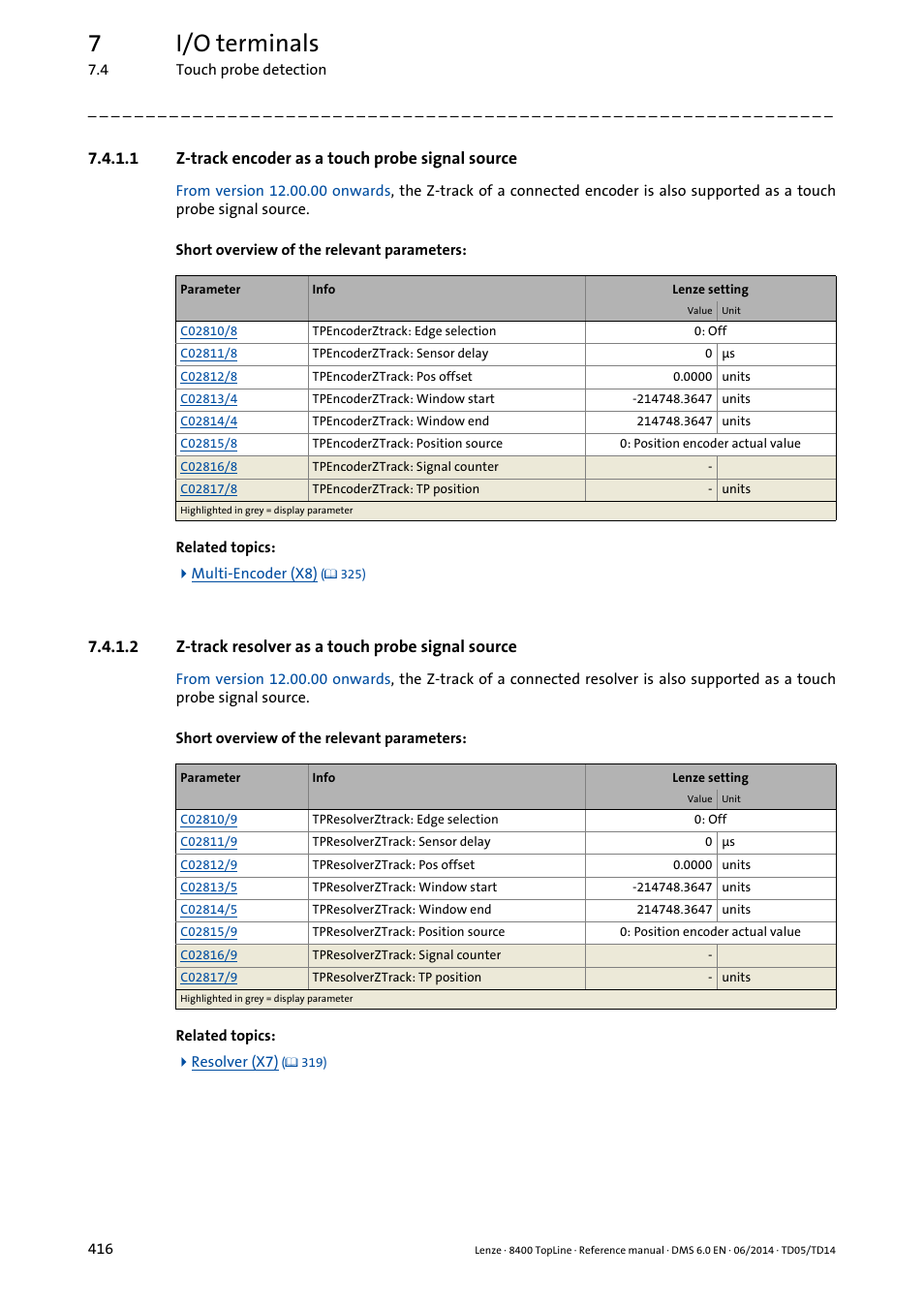 1 z-track encoder as a touch probe signal source, 2 z-track resolver as a touch probe signal source, Z-track encoder as a touch probe signal source | Z-track resolver as a touch probe signal source, 7i/o terminals | Lenze 8400 TopLine User Manual | Page 416 / 1760