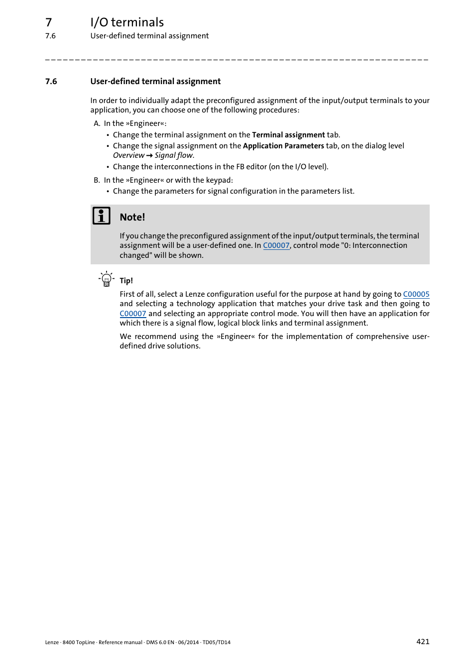 6 user-defined terminal assignment, User-defined terminal assignment, 7i/o terminals | Lenze 8400 TopLine User Manual | Page 421 / 1760