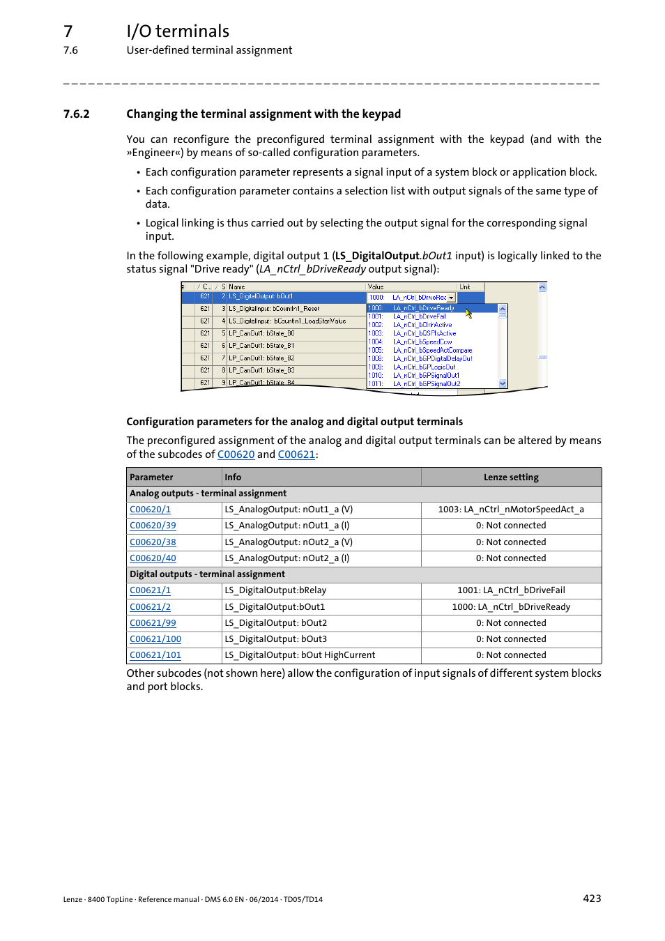 2 changing the terminal assignment with the keypad, Changing the terminal assignment with the keypad, 7i/o terminals | Lenze 8400 TopLine User Manual | Page 423 / 1760