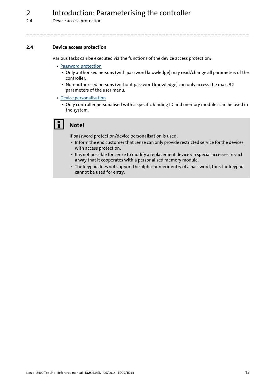 4 device access protection, Device access protection, 2introduction: parameterising the controller | Lenze 8400 TopLine User Manual | Page 43 / 1760