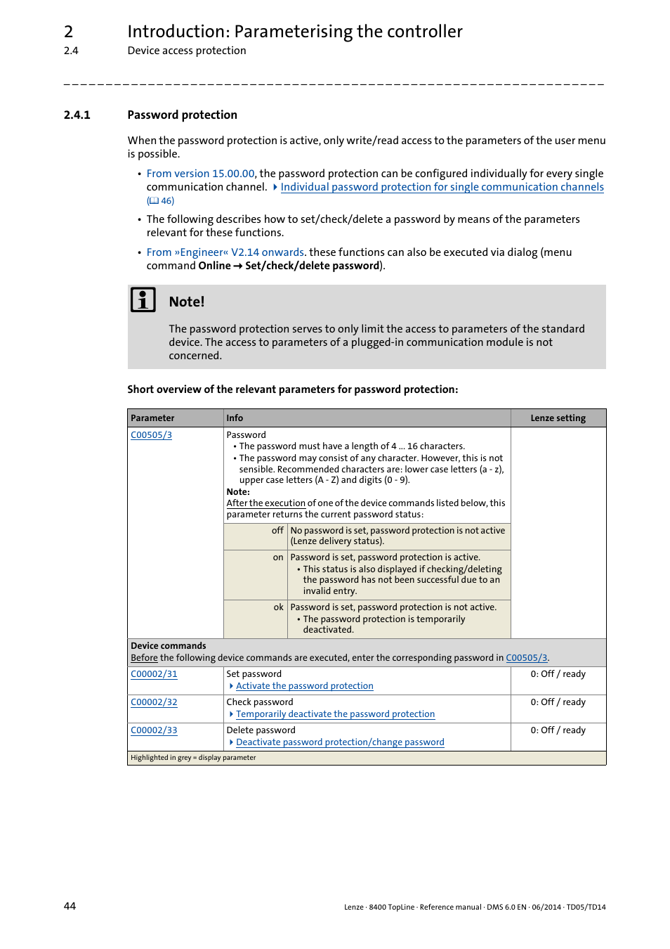 1 password protection, Password protection, 2introduction: parameterising the controller | Lenze 8400 TopLine User Manual | Page 44 / 1760