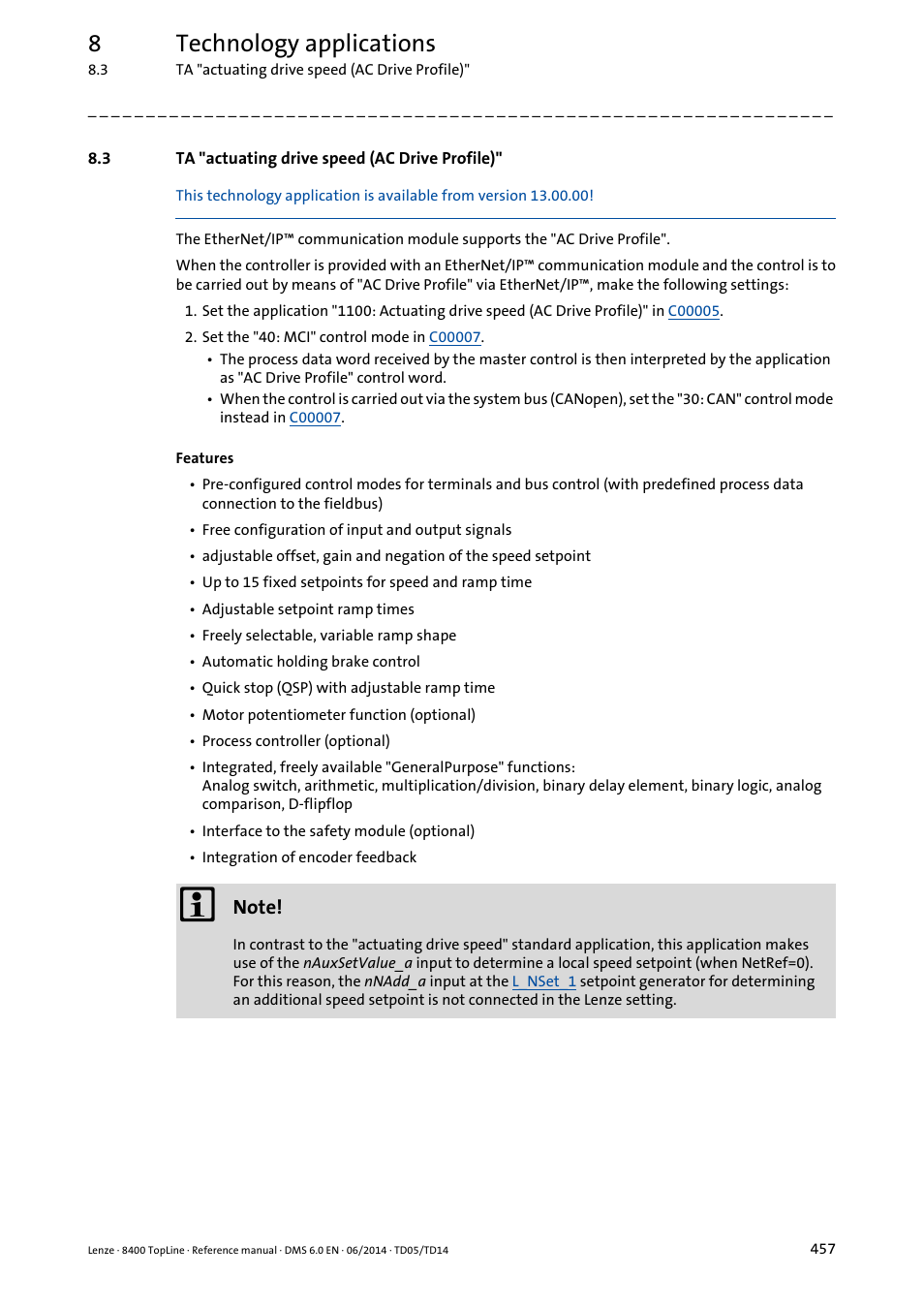 3 ta "actuating drive speed (ac drive profile), Ta "actuating drive speed (ac drive profile), 8technology applications | Lenze 8400 TopLine User Manual | Page 457 / 1760