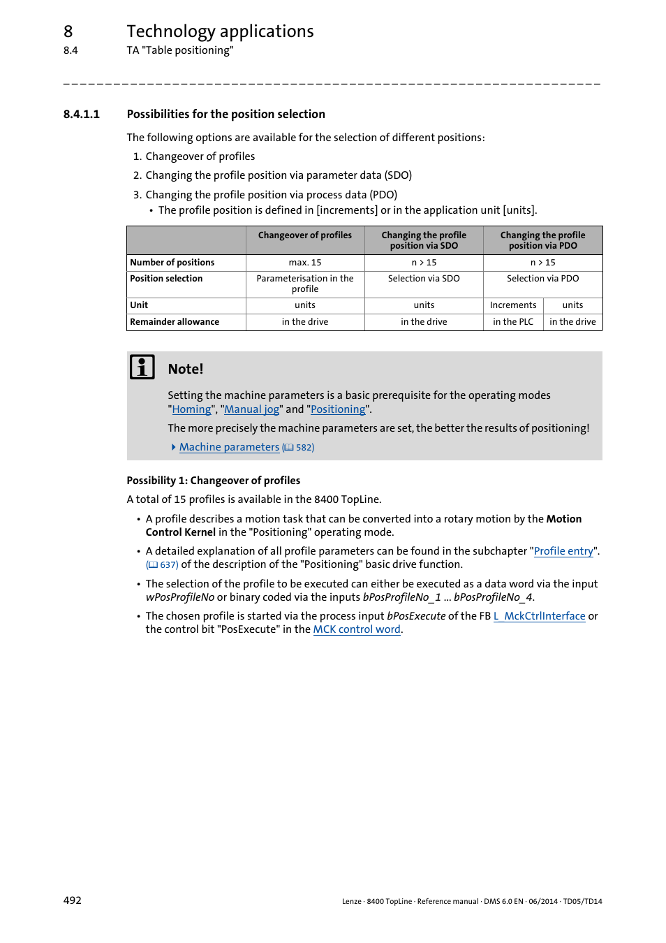 1 possibilities for the position selection, Possibilities for the position selection, 8technology applications | Lenze 8400 TopLine User Manual | Page 492 / 1760