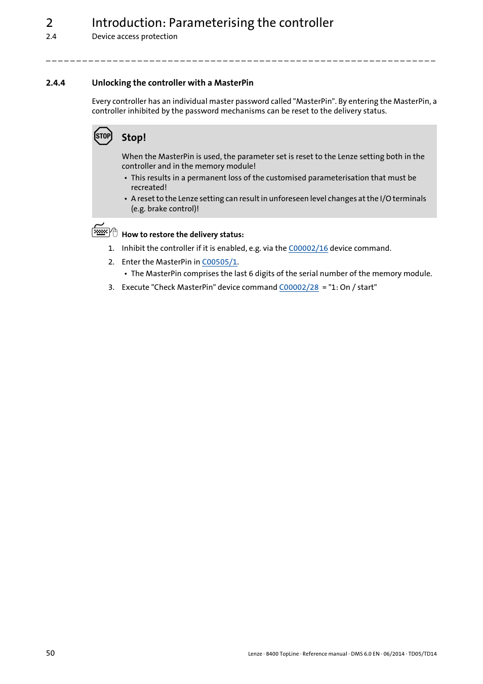 4 unlocking the controller with a masterpin, Unlocking the controller with a masterpin, 2introduction: parameterising the controller | Lenze 8400 TopLine User Manual | Page 50 / 1760