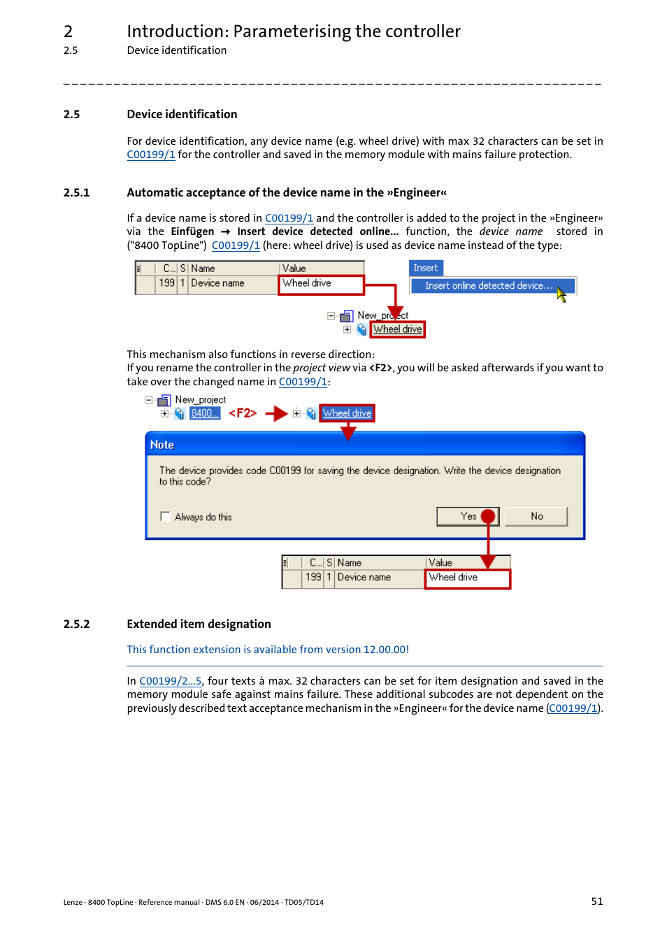 5 device identification, 2 extended item designation, Device identification | Extended item designation, 2introduction: parameterising the controller | Lenze 8400 TopLine User Manual | Page 51 / 1760