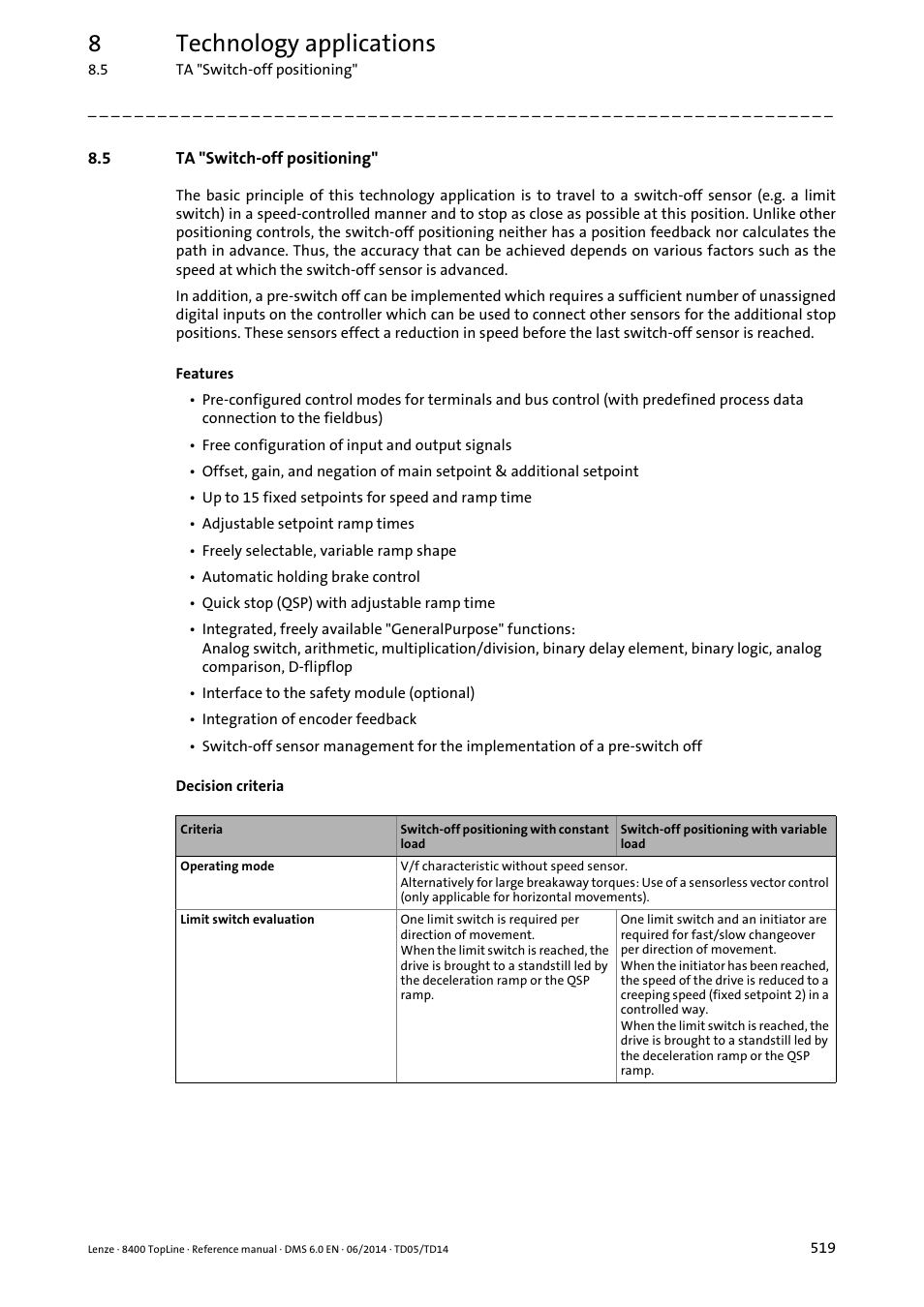 5 ta "switch-off positioning, Ta "switch-off positioning, 8technology applications | Lenze 8400 TopLine User Manual | Page 519 / 1760