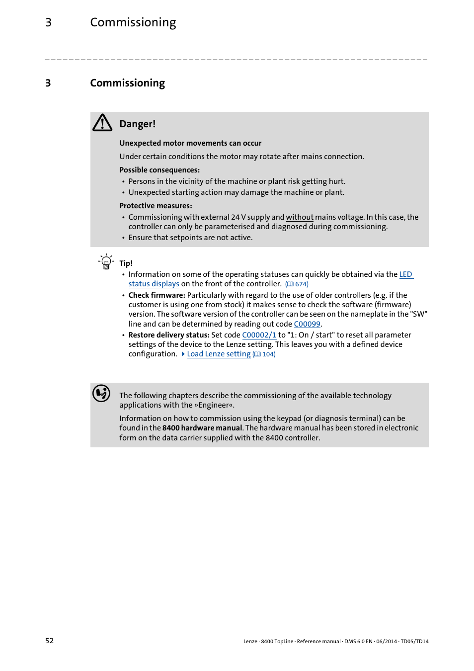 3 commissioning, Commissioning, 3commissioning | Lenze 8400 TopLine User Manual | Page 52 / 1760
