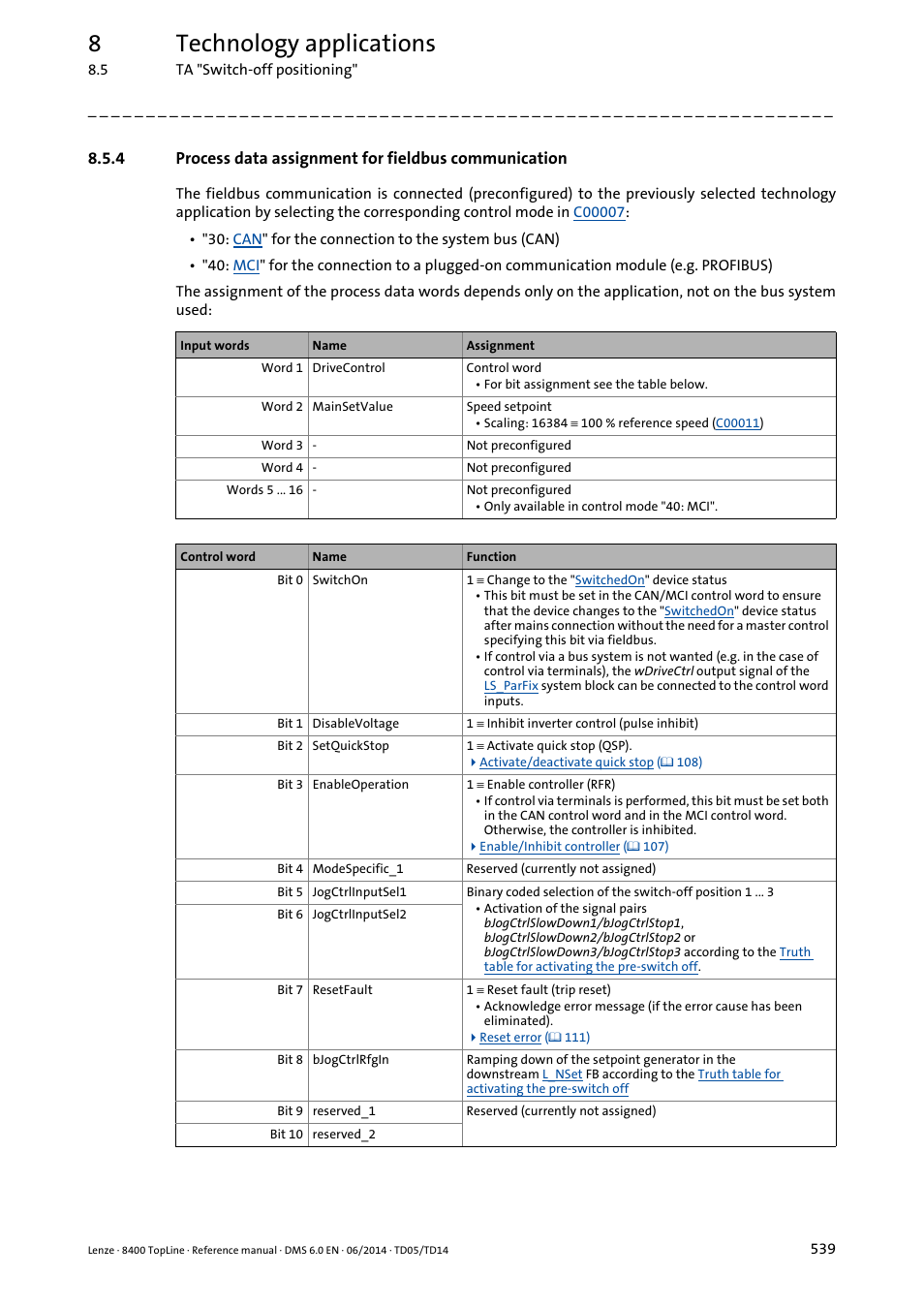 Process data assignment for fieldbus communication, 8technology applications | Lenze 8400 TopLine User Manual | Page 539 / 1760