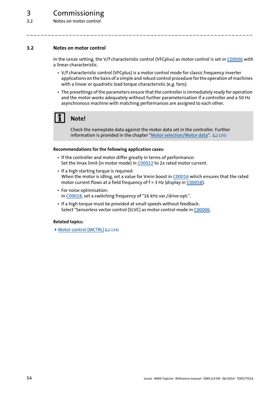 2 notes on motor control, Notes on motor control, 3commissioning | Lenze 8400 TopLine User Manual | Page 54 / 1760