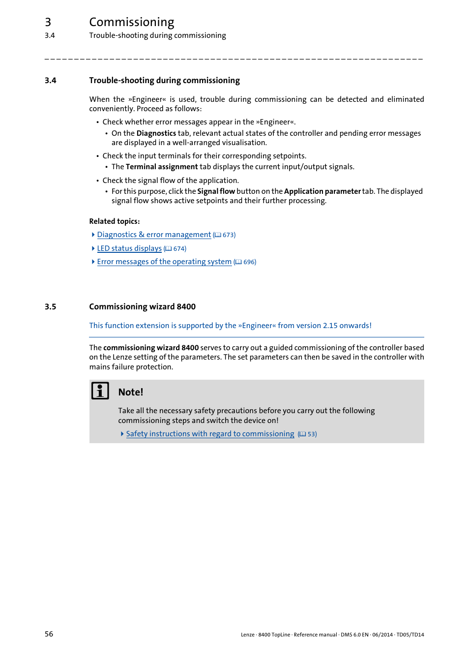 4 trouble-shooting during commissioning, 5 commissioning wizard 8400, Trouble-shooting during commissioning | Commissioning wizard 8400, 3commissioning | Lenze 8400 TopLine User Manual | Page 56 / 1760