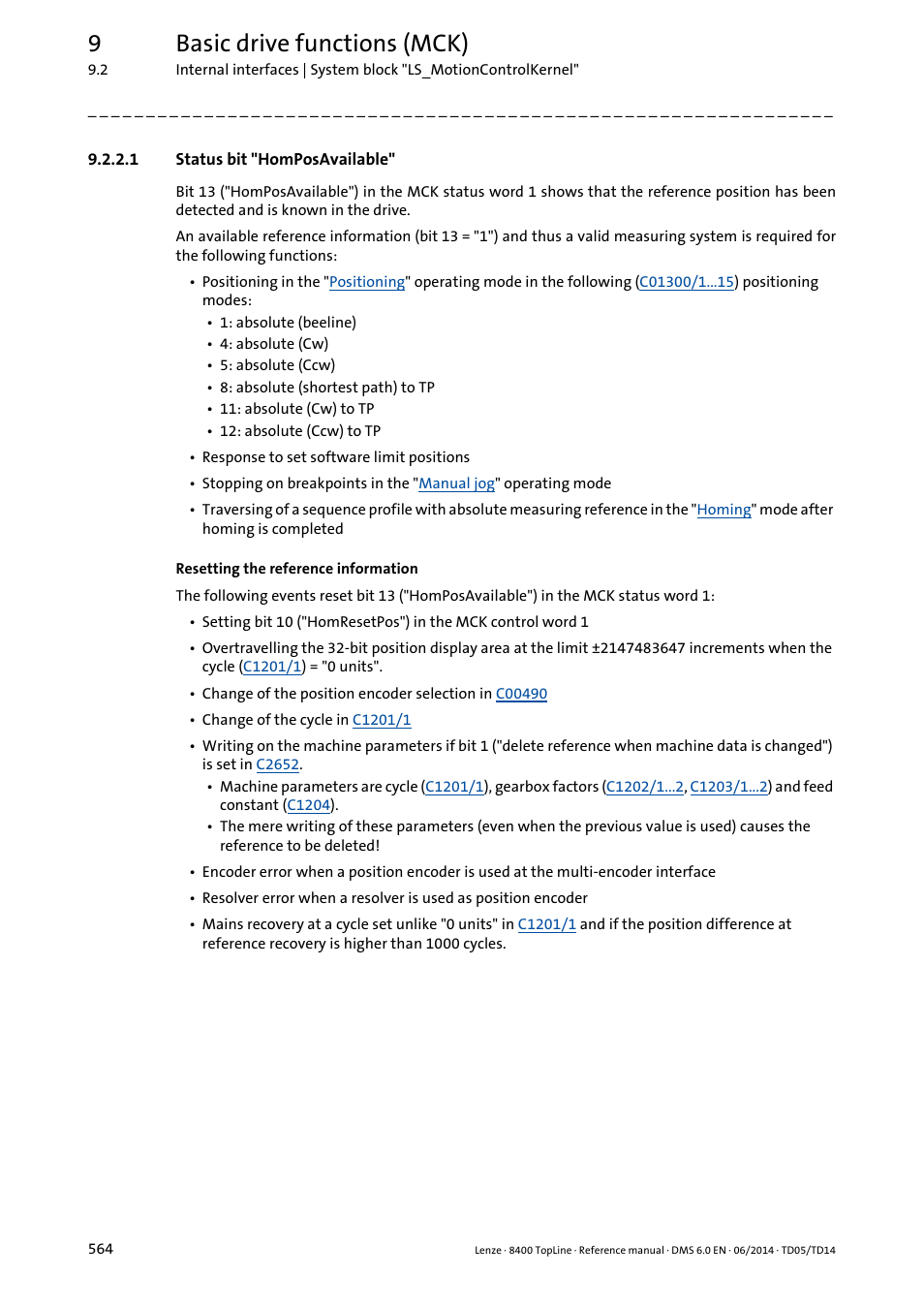 1 status bit "homposavailable, Status bit "homposavailable, 9basic drive functions (mck) | Lenze 8400 TopLine User Manual | Page 564 / 1760