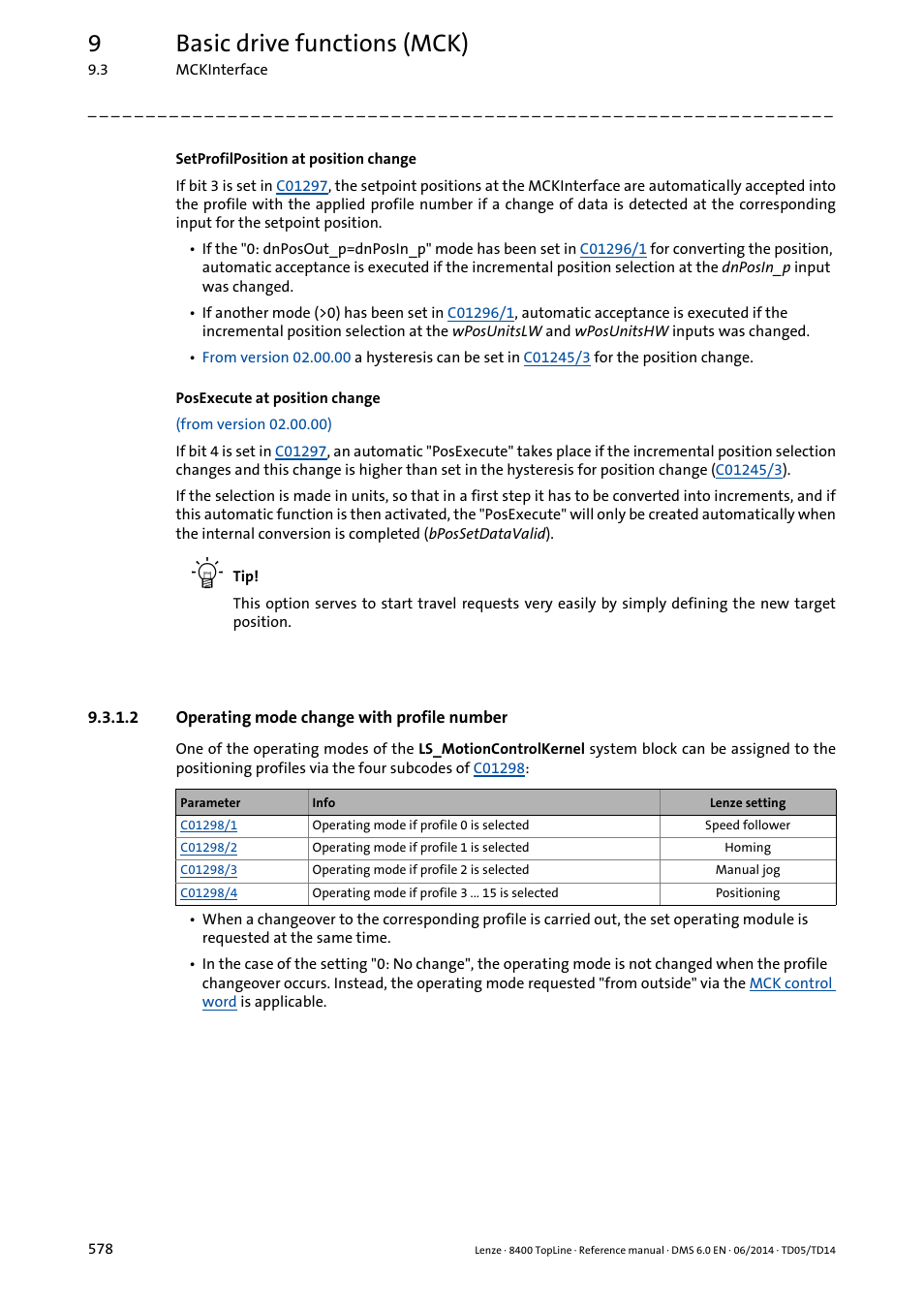 2 operating mode change with profile number, Operating mode change with profile number, 9basic drive functions (mck) | Lenze 8400 TopLine User Manual | Page 578 / 1760