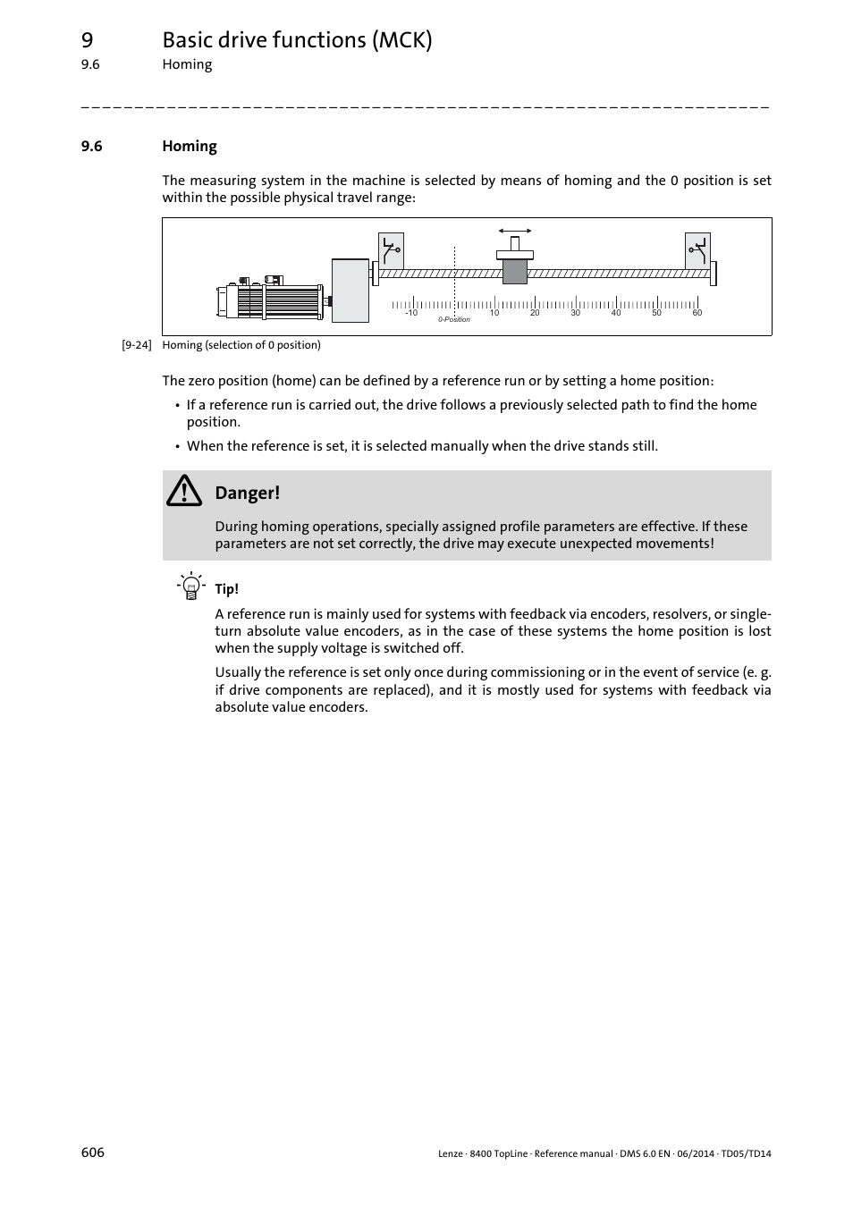 6 homing, Homing, Homing ( 606) | Mode, 9basic drive functions (mck), Danger | Lenze 8400 TopLine User Manual | Page 606 / 1760