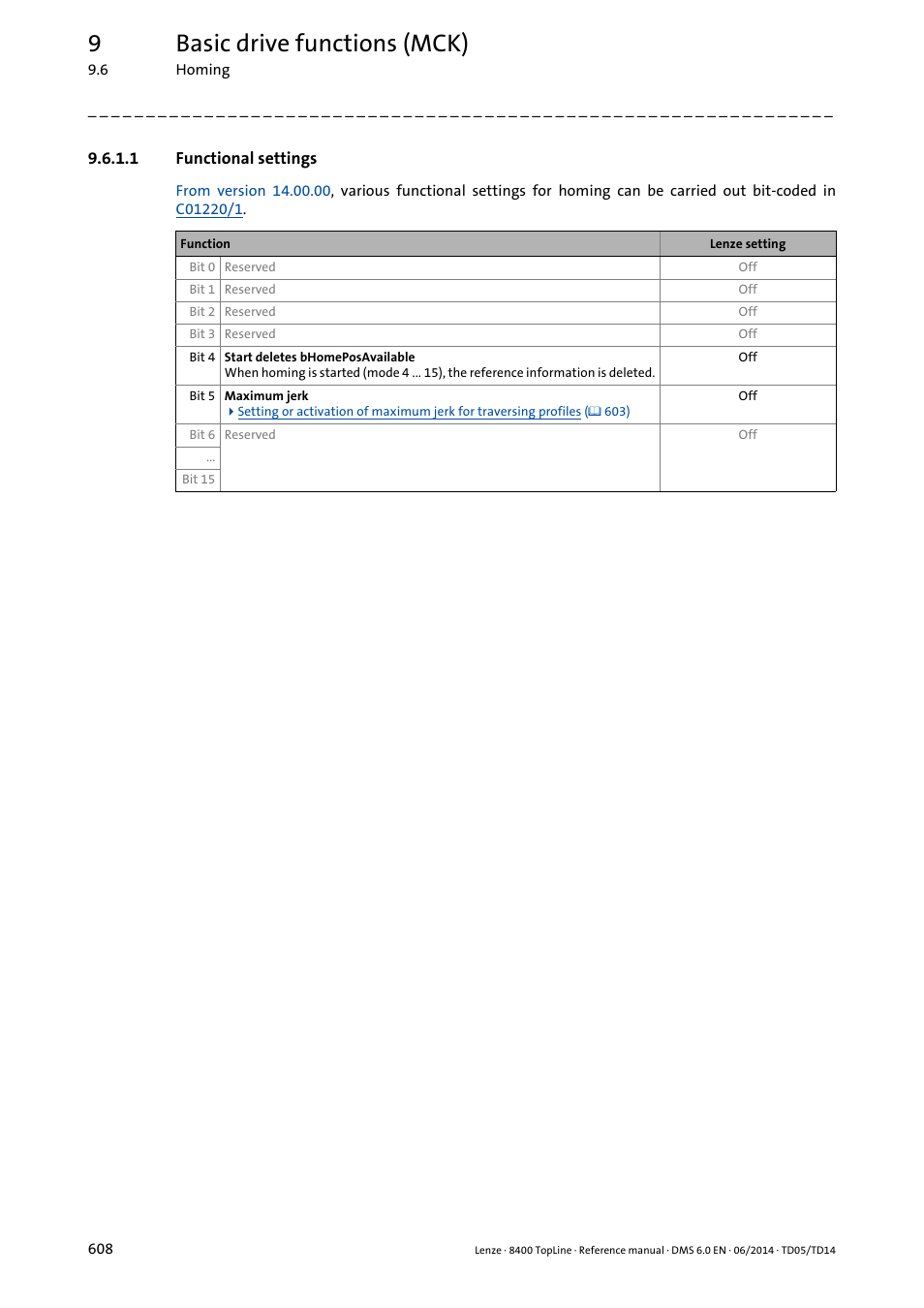 1 functional settings, Functional settings, 9basic drive functions (mck) | Lenze 8400 TopLine User Manual | Page 608 / 1760