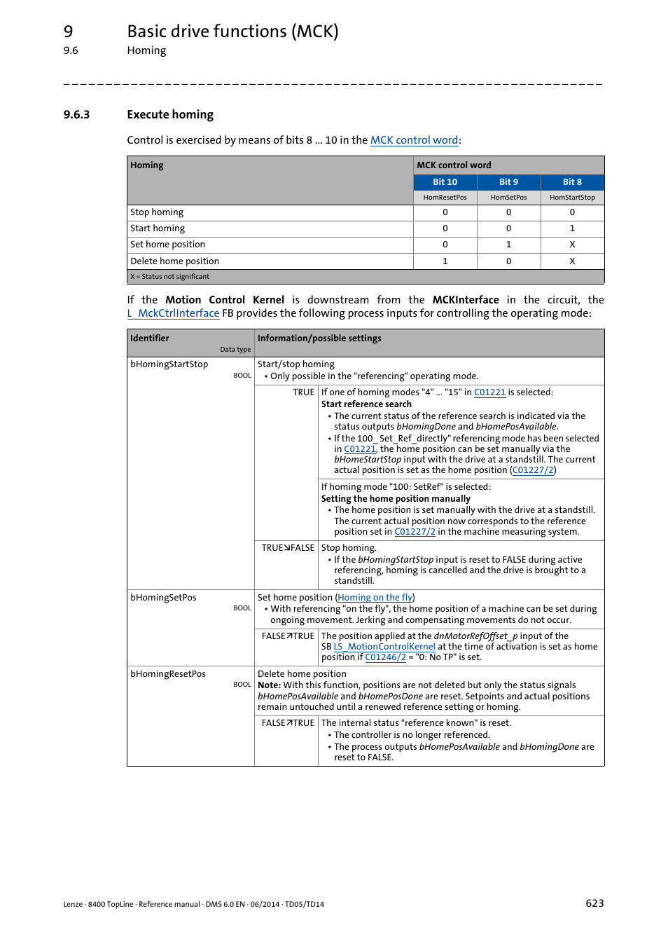 3 execute homing, Execute homing, 9basic drive functions (mck) | Lenze 8400 TopLine User Manual | Page 623 / 1760