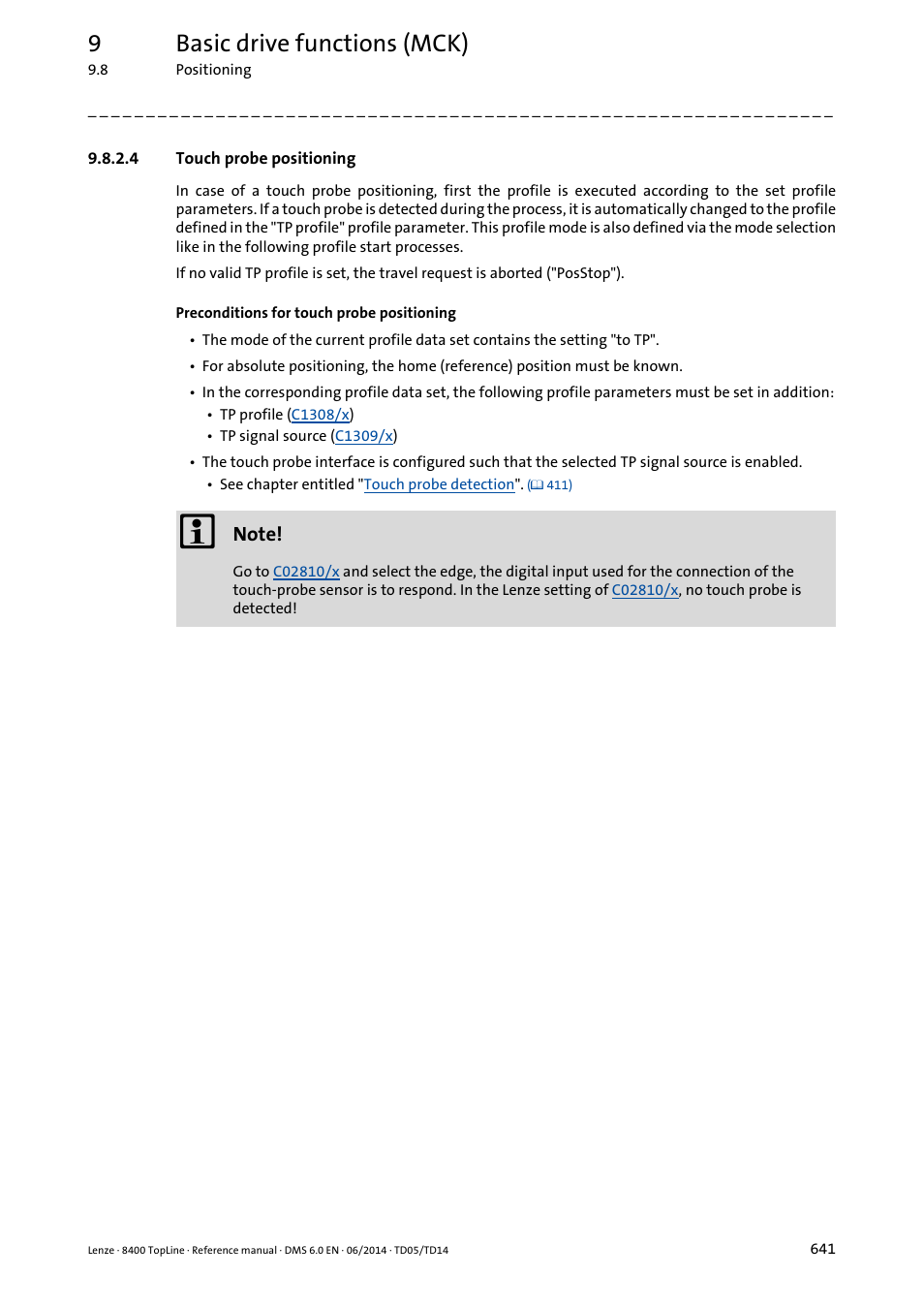 4 touch probe positioning, Touch probe positioning, Touch probe positioning ( 641) | 9basic drive functions (mck) | Lenze 8400 TopLine User Manual | Page 641 / 1760